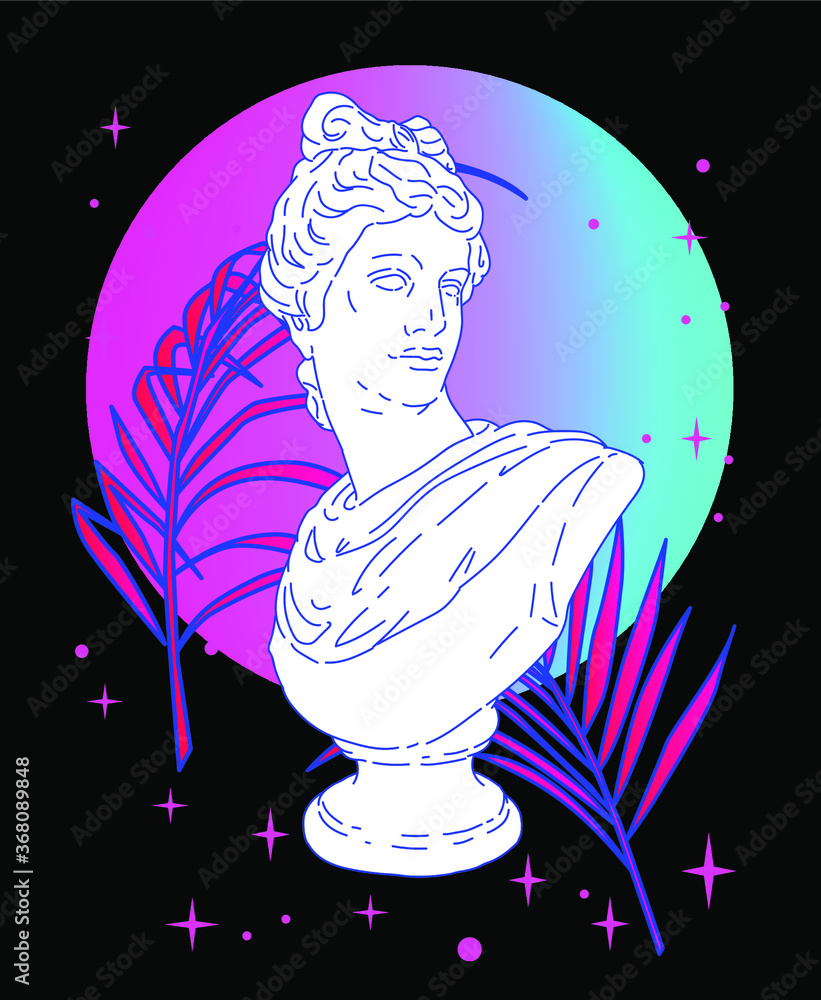 Poster pop art style collage with gypsum head and glowing neon disk on dark background. illustration with r