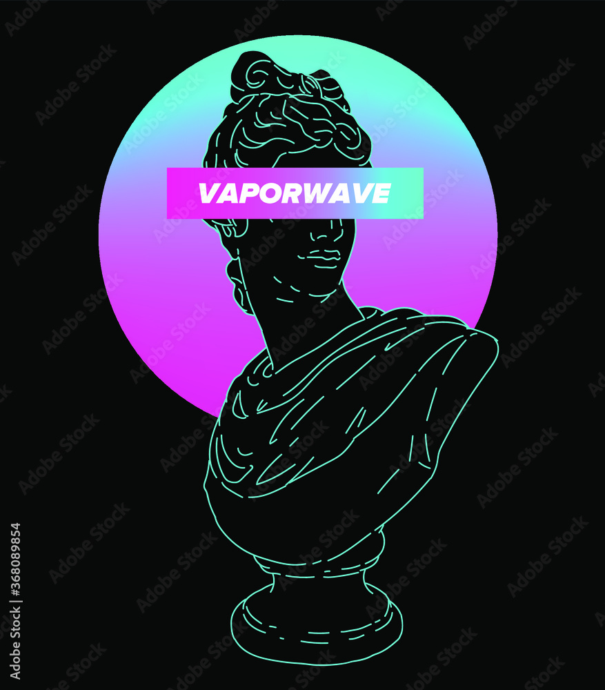 Poster pop art style collage with gypsum head and glowing neon disk on dark background. illustration with r