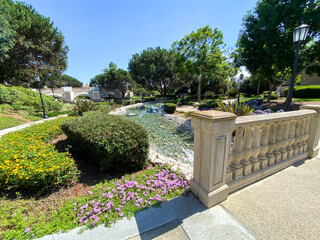 Public Park with green garden and landscape design with water pond and bridge, La Jolla, California. USA