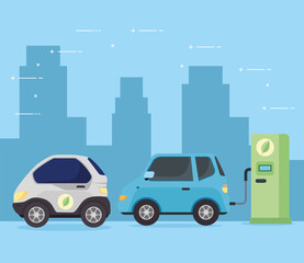 electric vehicles cars in charging station road vector illustration design