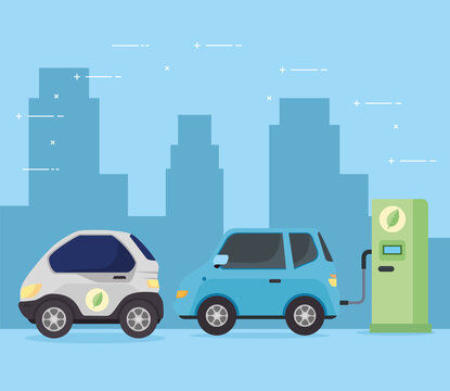 electric vehicles cars in charging station road vector illustration design