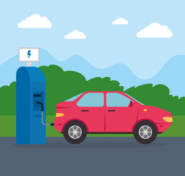 electric vehicle car in charging station road vector illustration design