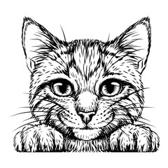 Kitten. Wall sticker. Black and white, graphic, artistic drawing of a cute striped kitten is pretty squinting.