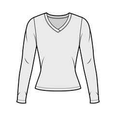 V-neck jersey sweater technical fashion illustration with long sleeves, close-fitting shape. Flat outwear apparel template front, grey color. Women men, unisex shirt top CAD mockup