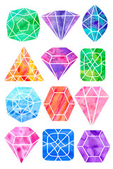 Bright colorfull watercolor diamonds set isolated on white backgrounds. Hand painting gemstones and crystals illustration.