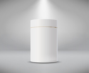 White cylinder box. Round empty paper box for food soup tea or coffee. Vector mockup of white blank box.