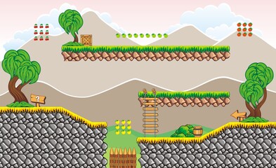 Tileset Platform for creating Game - A set of layered vector game asset, contains background, ground tiles and several items, objects, decorations, used for creating mobile games 