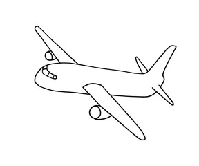 Airplane icon. Hand drawn outline illustration with black airplane on white background.