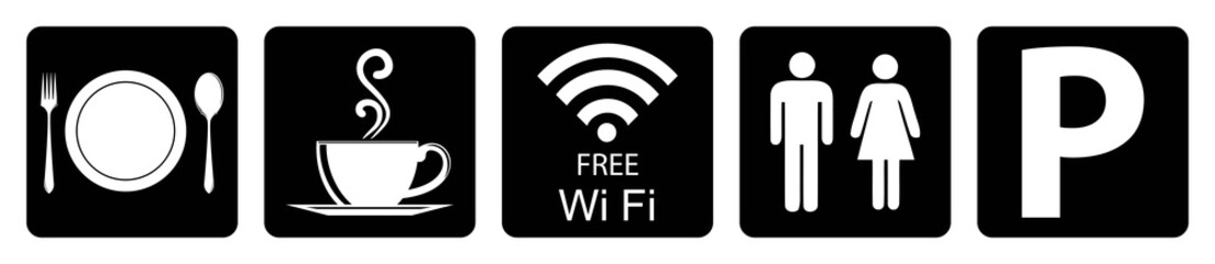 Useful Icon for Restaurant. Food available sign, Coffee available sign, WiFi available sign, Washroom available sign, Parking available sign in Black background Drawing By illustration