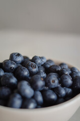 Macro of freshly picked blueberry with water drops in white bowl on blue background. Sweet ripe black  berries close up on white background
