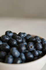 Macro of freshly picked blueberry in white bowl on grey background. Sweet ripe berries close up 