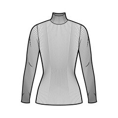 Turtleneck ribbed-knit sweater technical fashion illustration with long sleeves, close-fitting shape, tunic length. Flat sweater apparel template front back white color. Women men unisex shirt top CAD