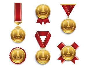 Gold medals set. Award winner trophy, 1st placement achievement. Round medal with different red ribbons. Realistic vector illustration isolated on white.
