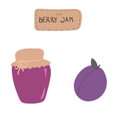 Fruit jam glass jar vector hand drawing. Jell and marmalad plum. Food illustration. Sketch vintage objects for label, icon, packaging.