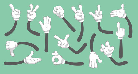 Cartoon hands in gloved. Vector clipart arms in different poses. Vector isolated illustration symbols set