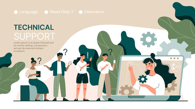 Online Technical Support for clients and customers with a woman at a call centre on a laptop computer attending to a queue of people, colored vector illustration