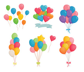 Set of festive balloons. Birthday party or carnival decorations balloon. Bunch of balloons flying in the air. Isolated vector illustration.