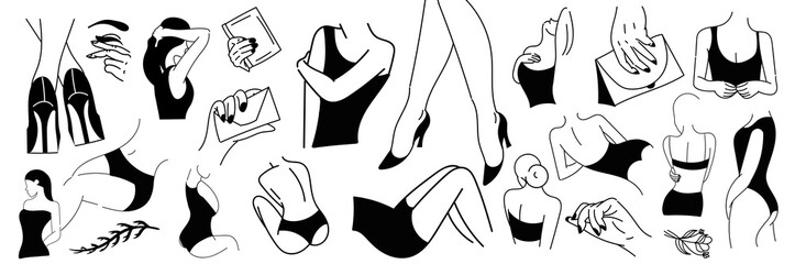 Large collection of black and white collection of female body parts for design elements, vector illustration