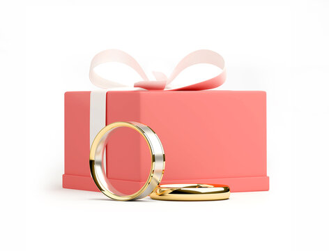 3D rendering of a pink box with a white ribbon for decoration and gold rings for a wedding near a gift box