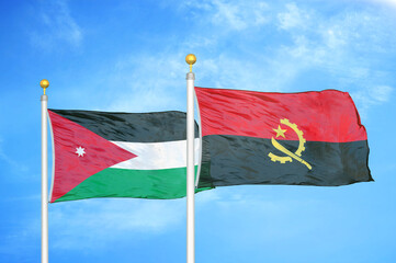 Jordan and Angola  two flags on flagpoles and blue cloudy sky