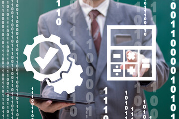 Auditor or accountant holding tablet computer with gears mechanism check mark virtual icon and...