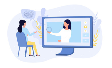 Online medical or psychological counselling with a woman sitting in front of a computer talking to a virtual doctor, colored vector illustration