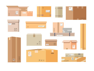 Cardboard boxes. Closed and open post boxes set. Vector illustration in flat style