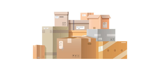 Pile cardboard boxes. Many cartons, boxes of different size. Flat style vector illustration isolated on white background.