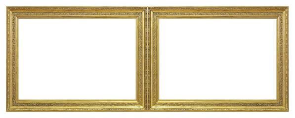 Double golden frame (diptych) for paintings, mirrors or photos isolated on white background