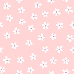 Simple seamless pattern with repeated white flowers on pink background. Cute floral vector illustration.
