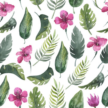 Watercolor seamless pattern with tropical green leaves and tropical pink flowers. Use for printing on gift paper, fabric and more. illustration for fabric print.