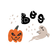 Creepy pumpkin with spooky smile and burning red eyes scary cute ghost. Boo funny hand drawn lettering.
