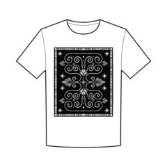 T-shirt design with swirling lines, stars, circles and geometric flowers.