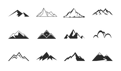 Mountains, rocks and peaks. Tibet or Alps peaks. Mountaineer hiking vector icons set.