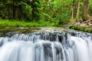 Smooth abstract water cascade at Jelen wild river. Nature water landscape. Landscape park Solska forest at Roztocze, Poland, Europe.