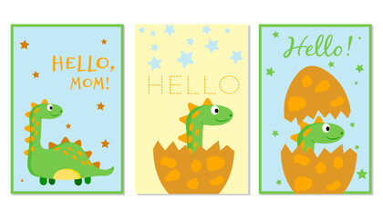 Set of three cards with cute dinosaurs in style cartoon and phrases - hello and hello, mom. Vector illustration.