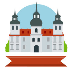 Old Medieval University. House of monastic order. Historic centre. Jesuit College. Flat European architecture. Building in Baroque style. Tower, Palace and castle