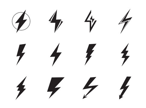 Lightning vector set. Voltage, electricity and power signs or thunder, flash light, power electric thunderbolt isolated on white background. .