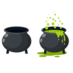 Cauldron and Boiling potion. Black pot, green steam. Set of Element of Halloween. Witch and sorcerer's item. Cartoon flat illustration