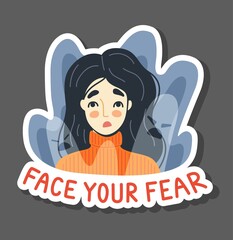 Face your fear, phobia, insomnia, sleeping disorder concept. Frightened, scared young woman surrounded by imaginary ghosts flying around her. Hand-drawn colorful character, face, head, avatar.
