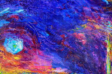 Painting. Oil on canvas. Abstract texture. Background art. Blue, green and red texture. Drawn with a brush. A fragment of a work of modern art.