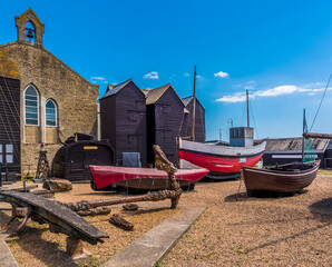 Fototapeta na wymiar A view of the traditional fishing quarter in the old town of at Hastings, Sussex, UK in summer
