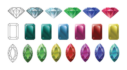 Jewels set. Vector illustration set of precious stones of different cuts and colors.