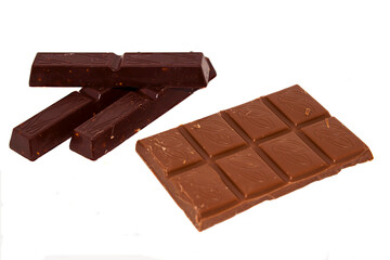 Chocolate bars and stripes on a white background