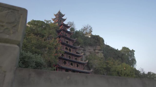 Shi Baozhai Pagoda At Sunset On Yangtze River Near Wanzhou, Chongqing