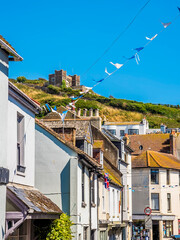 Fototapeta na wymiar A view from the old town in Hastings, Sussex towards the funicular railway terminus in summer