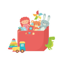 kids toys red box with doll rabbit bear car train and dinosaur object amusing cartoon