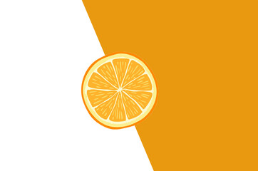 Slice of orange on white and orange background.