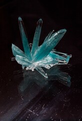 Vertical shot of turquoise-colored crystal cluster on black background