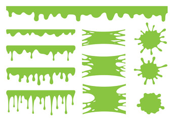 Slime vector set. Green dirt splat, goo dripping splodges of slime. Collection of blots, splashes and smudges isolated on white background. - obrazy, fototapety, plakaty